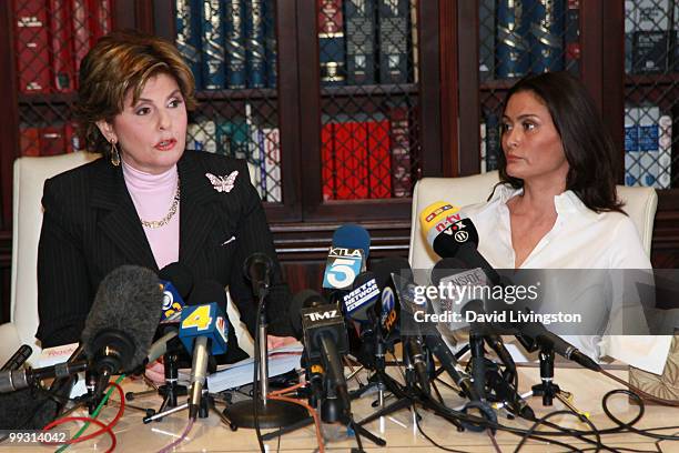 Lawyer Gloria Allred and actress Charlotte Lewis speak during a press conference on May 14, 2010 in Los Angeles, California. Charlotte Lewis alleges...