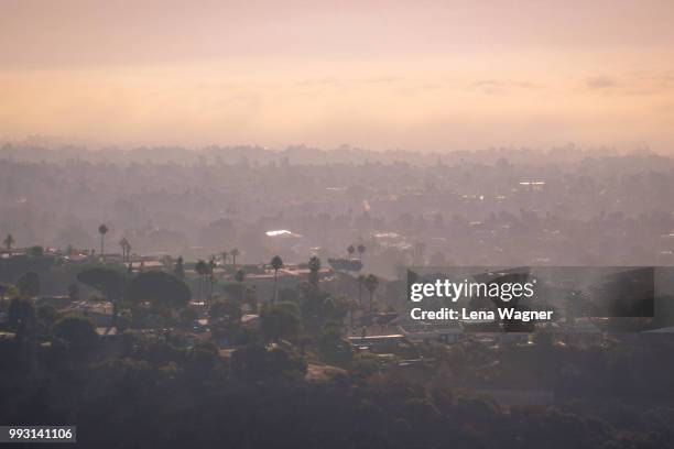 layers of los angeles mountains with palm trees - la smog stock pictures, royalty-free photos & images