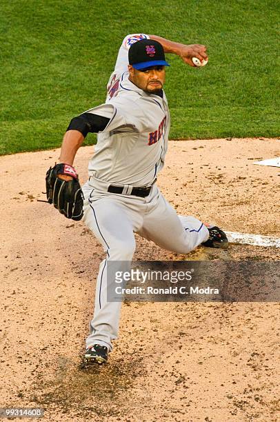 Pitcher Johan Santana of the New York Mets pitches during a MLB game against the Florida Marlins in Sun Life Stadium on May 13, 2010 in Miami,...