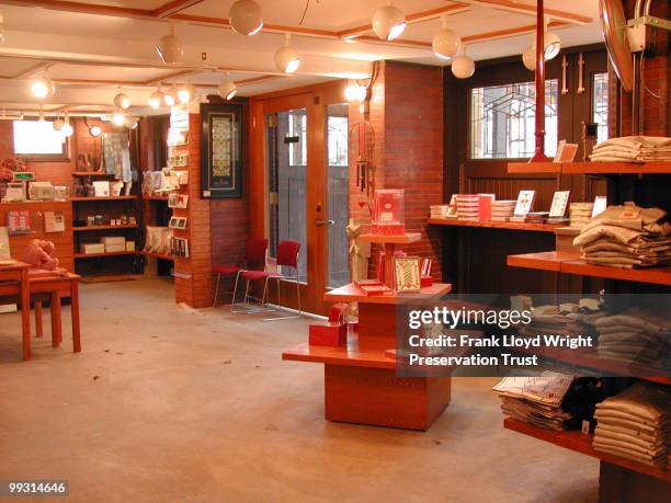 Interior of garage looking southeast, the space has been adapted as a bookshop for use by the Frank Lloyd Wright Preservation Trust, Chicago,...