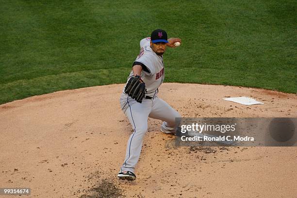 Pitcher Johan Santana of the New York Mets pitches during a MLB game against the Florida Marlins in Sun Life Stadium on May 13, 2010 in Miami,...