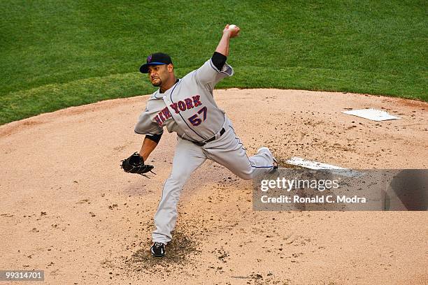 Pitcher Johan Santana of the New York Mets pitches during a MLB game against the Florida Marlins in Sun Life Stadium on May 13, 2010 in Miami,...