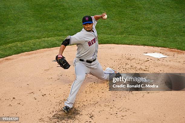 Pitcher Johan Santana of the New York Mets pitches during a MLB game against the Florida Marlins in Sun Life Stadium on May 13, 2010 in Miami,...