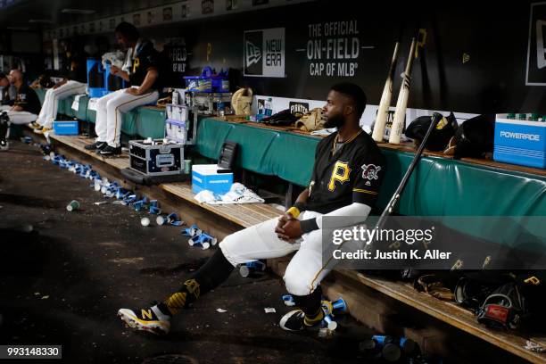 Gregory Polanco of the Pittsburgh Pirates looks on from the bench in the seventh inning while losing to the Philadelphia Phillies 14-4 at PNC Park on...