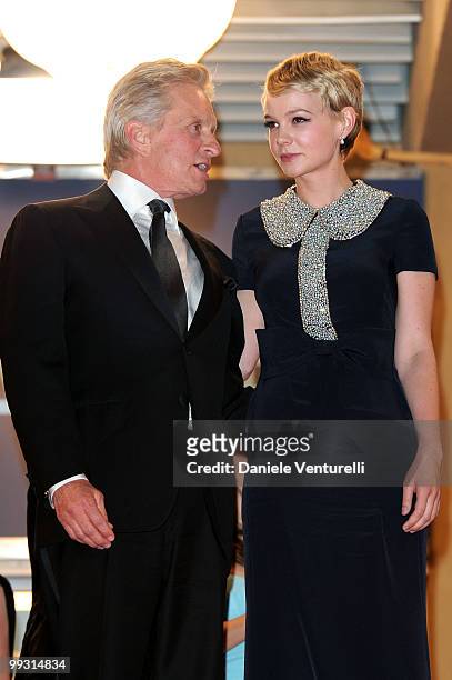 Actors Michael Douglas and Carey Mulligan attend the Premiere of 'Wall Street: Money Never Sleeps' held at the Palais des Festivals during the 63rd...