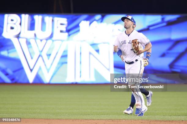 Randal Grichuk of the Toronto Blue Jays jogs off the field after their victory during MLB game action against the New York Yankees at Rogers Centre...