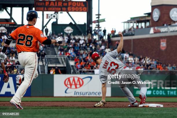 John Gant of the St. Louis Cardinals forces out Buster Posey of the San Francisco Giants at first base during the first inning at AT&T Park on July...