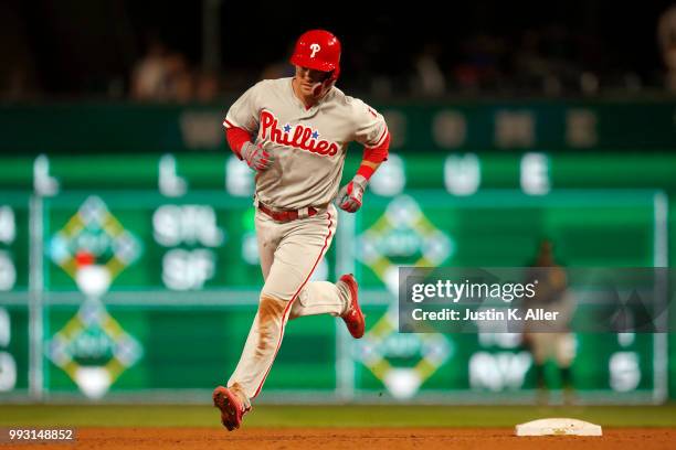 Andrew Knapp of the Philadelphia Phillies rounds second after hitting a three run home run in the seventh inning against the Pittsburgh Pirates at...