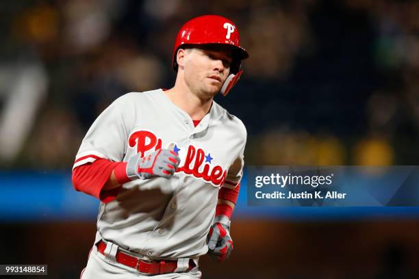 Andrew Knapp of the Philadelphia Phillies rounds second after hitting a three run home run in the seventh inning against the Pittsburgh Pirates at...