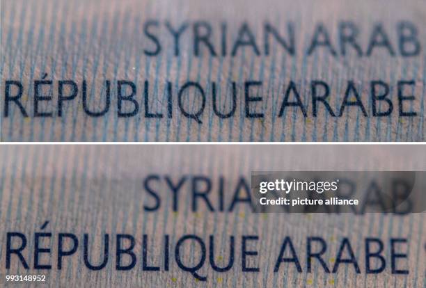 July 2018, Stuttgart, Germany: A real Syrian passport can be seen next to a fake one, the difference being the lettre "Q". Police forces in the south...