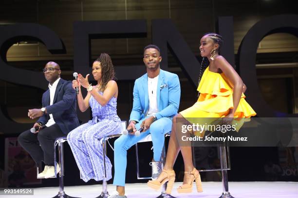 Barry Jenkins, Regina King, Stephan James, and KiKi Layne appear onstage during the 2018 Essence Festival - Day 1 on July 6, 2018 in New Orleans,...