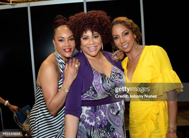 Vivica A. Fox, Kim Coles and Holly Robinson Peete attend the 2018 Essence Festival - Day 1 on July 6, 2018 in New Orleans, Louisiana.