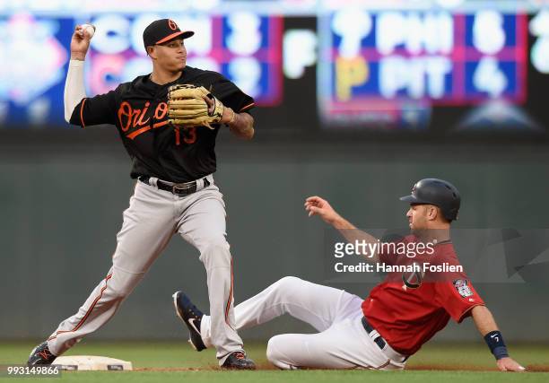 Joe Mauer of the Minnesota Twins is out at second base as Manny Machado of the Baltimore Orioles attempts to turn a double play during the fourth...