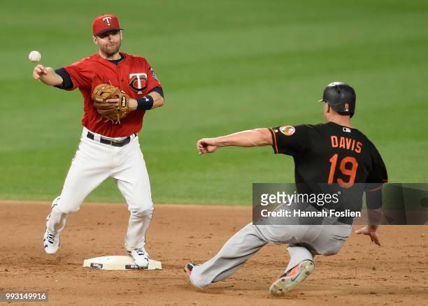 Chris Davis of the Baltimore Orioles is out at second base as Brian Dozier of the Minnesota Twins turns a double play during the sixth inning of the...
