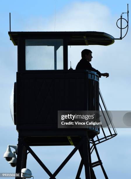 Chairman of Stewards Terry Bailey is seen in the stewards tower during Melbourne Racing at Flemington Racecourse on July 7, 2018 in Melbourne,...