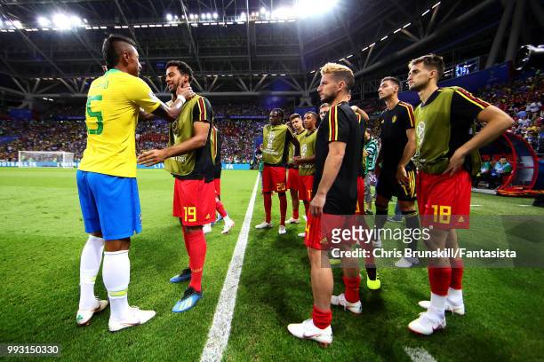 Paulinho of Brazil talks with Mousa Dembele of Belgium before the 2018 FIFA World Cup Russia Quarter Final match between Brazil and Belgium at Kazan...