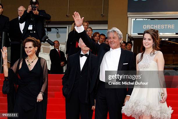 Claudia Cardinale, Alain Delon and Anouchka Delon and Gilles Jacob attends the 'IL Gattopardo' Premiere at the Palais des Festivals during the 63rd...