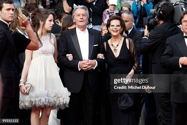 Claudia Cardinale, Alain Delon and Anouchka Delon attends the 'IL Gattopardo' Premiere at the Palais des Festivals during the 63rd Annual Cannes Film...