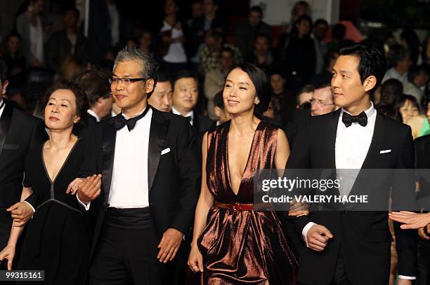 South Korean actress Youn Yuh Jung, South Korean director Im Sang soo, South Korean actress Jeon Do-yeoun and South Korean actor Lee Jung Jae arrive...