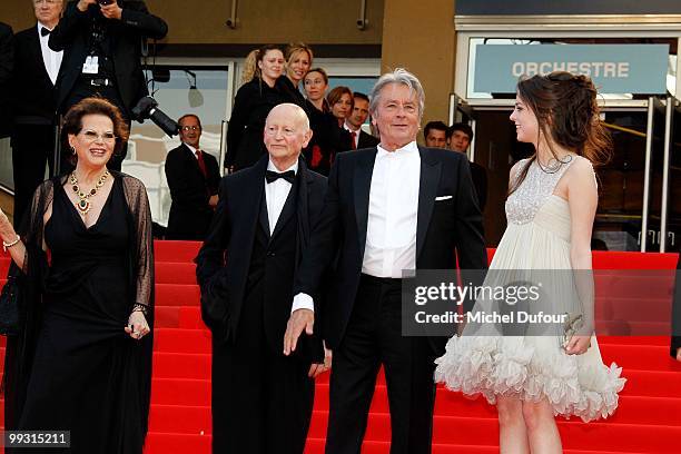 Claudia Cardinale, Alain Delon and Anouchka Delon and Gilles Jacob attends the 'IL Gattopardo' Premiere at the Palais des Festivals during the 63rd...