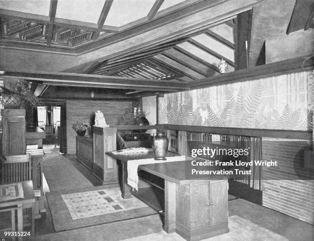 Coonley living room with view toward the dining room, Niedecken fern mural on the wall and electrically lit skylight is above, Riverside, Illinois,...