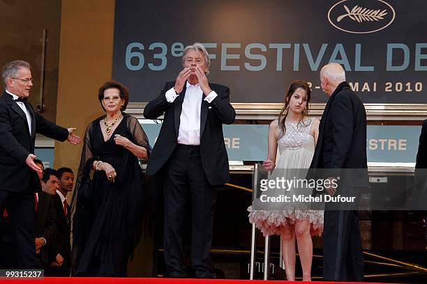 Claudia Cardinale, Alain Delon and Anouchka Delon and Gilles Jacob attends the 'IL Gattopardo' Premiere at the Palais des Festivals during the 63rd...