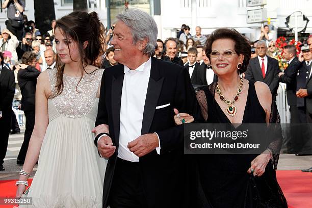 Claudia Cardinale, Alain Delon and Anouchka Delon attends the 'IL Gattopardo' Premiere at the Palais des Festivals during the 63rd Annual Cannes Film...