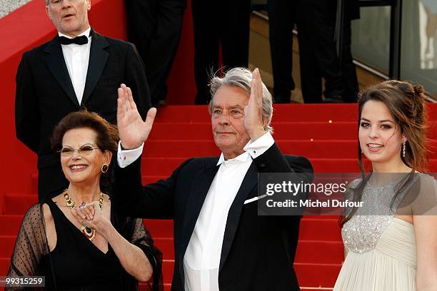 Claudia Cardinale, Alain Delon and Anouchka Delon attends the 'IL Gattopardo' Premiere at the Palais des Festivals during the 63rd Annual Cannes Film...