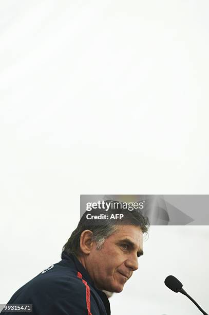 Portugal's coach Carlos Queiroz speaks during a press conference before the team's training session at Covilha's sports center in Covilha, central...