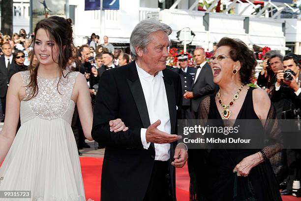 Claudia Cardinale, Alain Delon and Anouchka Delon attends the 'IL Gattopardo' Premiere at the Palais des Festivals during the 63rd Annual Cannes Film...