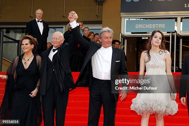 Claudia Cardinale, Alain Delon and Anouchka Delon and Gilles Jacob attends the 'IL Gattopardo' Premiere at the Palais des Festivals during the 63rd...