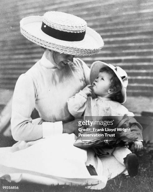 Ms. Casey, Robie family nanny, sitting with Lorraine Robie inside Robie walls, Chicago, Illinois, 1911.