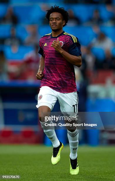 Juan Cuadrado of Colombia warms up during the 2018 FIFA World Cup Russia Round of 16 match between Colombia and England at Spartak Stadium on July 3,...