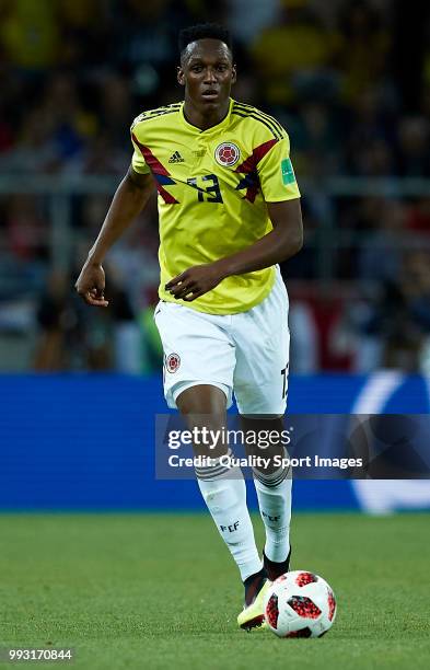 Yerry Mina of Colombia controls the ball during the 2018 FIFA World Cup Russia Round of 16 match between Colombia and England at Spartak Stadium on...