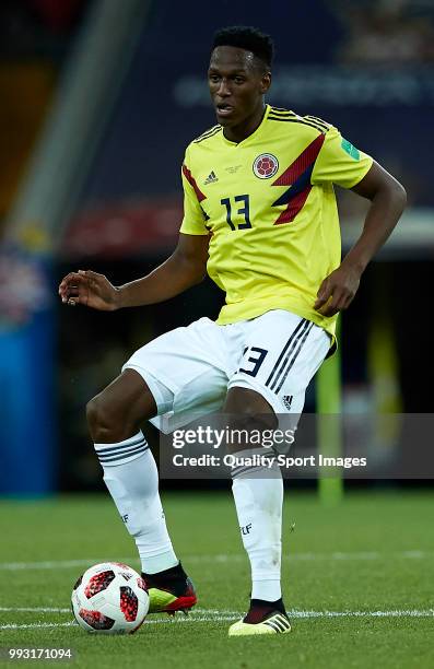 Yerry Mina of Colombia controls the ball during the 2018 FIFA World Cup Russia Round of 16 match between Colombia and England at Spartak Stadium on...