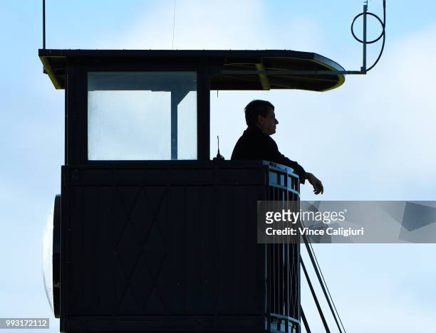 Chairman of Stewards Terry Bailey is seen in the stewards tower during Melbourne Racing at Flemington Racecourse on July 7, 2018 in Melbourne,...