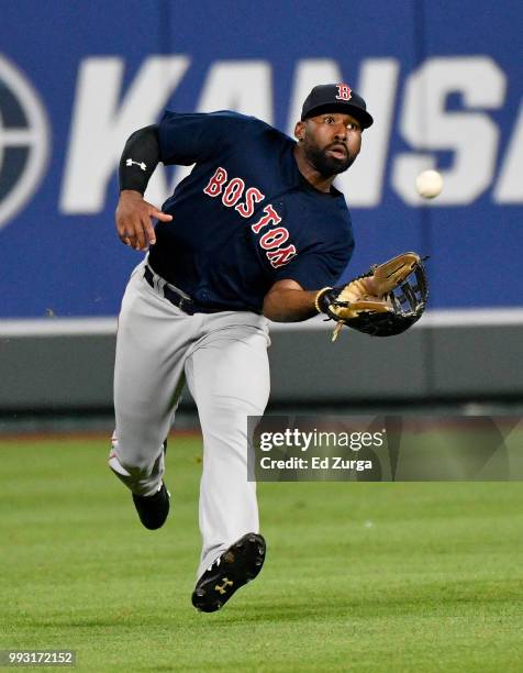 Jackie Bradley Jr. #19 of the Boston Red Sox catches a ball hit by Alcides Escobar of the Kansas City Royals in the seventh inning at Kauffman...