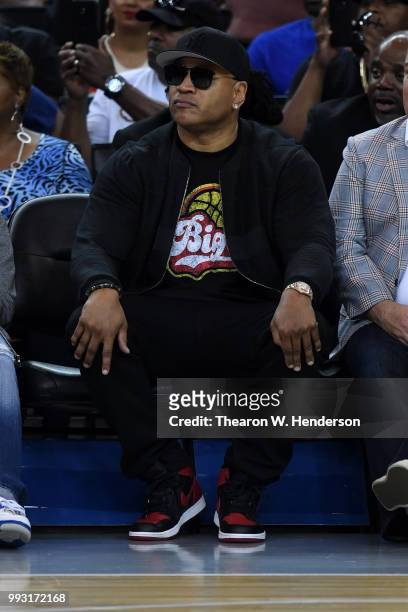 Actor LL Cool J looks on during week three of the BIG3 three on three basketball league game at ORACLE Arena on July 6, 2018 in Oakland, California.