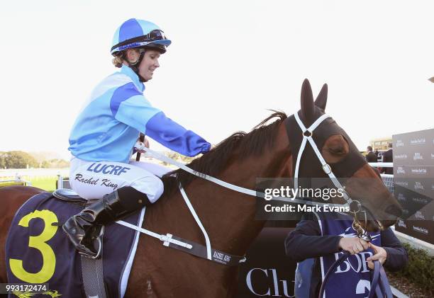 Rachel King on La Chica Bella returns to scale after winning race 4 during Sydney Racing at Royal Randwick Racecourse on July 7, 2018 in Sydney,...