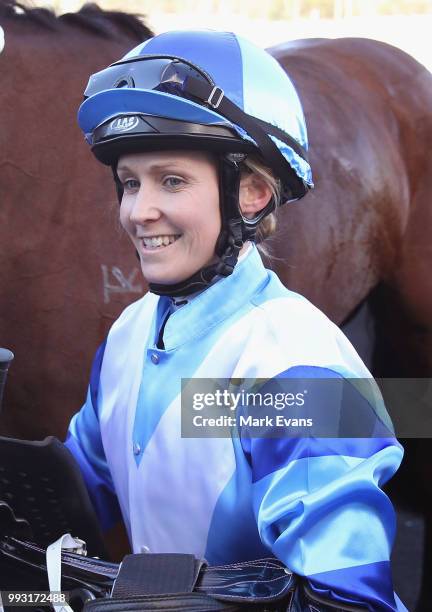 Rachel King on La Chica Bella returns to scale after winning race 4 during Sydney Racing at Royal Randwick Racecourse on July 7, 2018 in Sydney,...