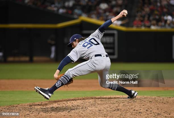 Adam Cimber of the San Diego Padres delivers a sixth inning pitch against the Arizona Diamondbacks at Chase Field on July 6, 2018 in Phoenix, Arizona.