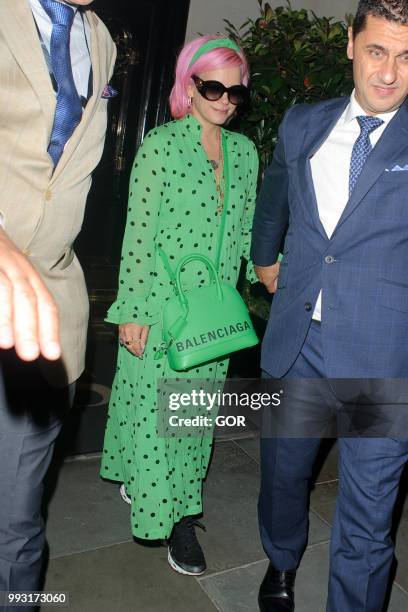 Lily Allen seen leaving Scotts restaurant Mayfair on July 6, 2018 in London, England.