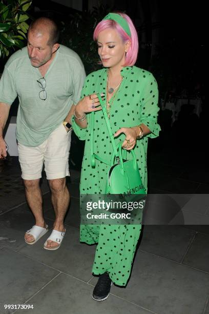 Lily Allen seen with chief designer for Apple, Sir Jonathan Ive, after dining at Scotts restaurant Mayfair on July 6, 2018 in London, England.