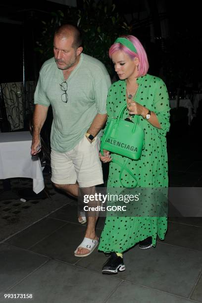 Lily Allen seen with chief designer for Apple, Sir Jonathan Ive, after dining at Scotts restaurant Mayfair on July 6, 2018 in London, England.