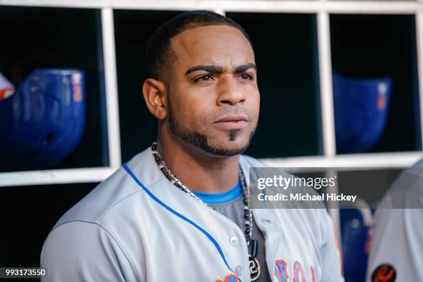 Yoenis Cespedes of the New York Mets is seen before the game against the Cincinnati Reds at Great American Ball Park on May 8, 2018 in Cincinnati,...