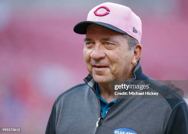 Hall of Fame catcher for the Cincinnati Reds Johnny Bench is seen before the game against the New York Mets at Great American Ball Park on May 8,...