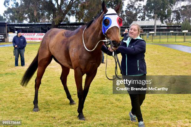 Iheartpoppy and strapper Ashlee Pavey after winning the The Jennoâs 50th Birthday 0 - 58 Handicap at Echuca Racecourse on July 07, 2018 in Echuca,...