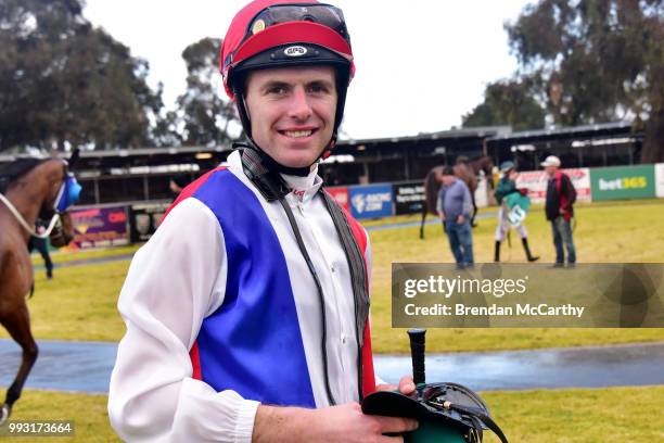 Clayton Douglas after winning the The Jennoâs 50th Birthday 0 - 58 Handicap at Echuca Racecourse on July 07, 2018 in Echuca, Australia.