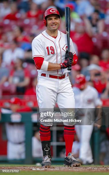 Joey Votto of the Cincinnati Reds is seen at the plate during the game against the New York Mets at Great American Ball Park on May 8, 2018 in...