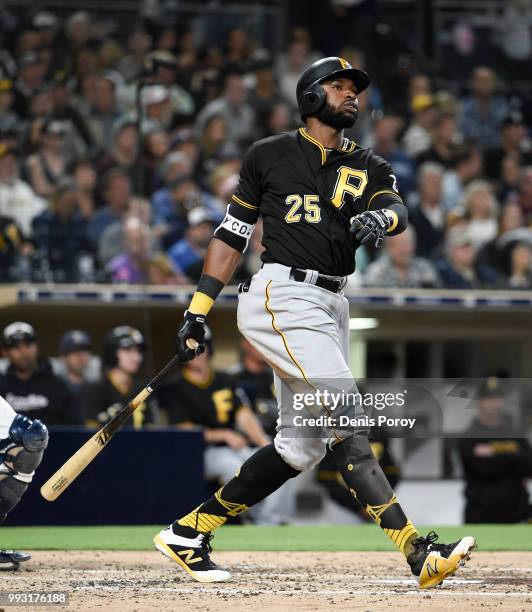 Gregory Polanco of the Pittsburgh Pirates plays during a baseball game against the San Diego Padres at PETCO Park on June 30, 2018 in San Diego,...